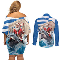 Greece Christmas Couples Matching Off Shoulder Short Dress and Long Sleeve Button Shirt Santa Claus Riding Dolphin - Wonder Print Shop