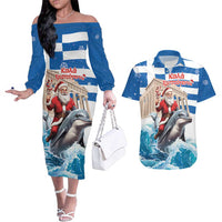 Greece Christmas Couples Matching Off The Shoulder Long Sleeve Dress and Hawaiian Shirt Santa Claus Riding Dolphin - Wonder Print Shop