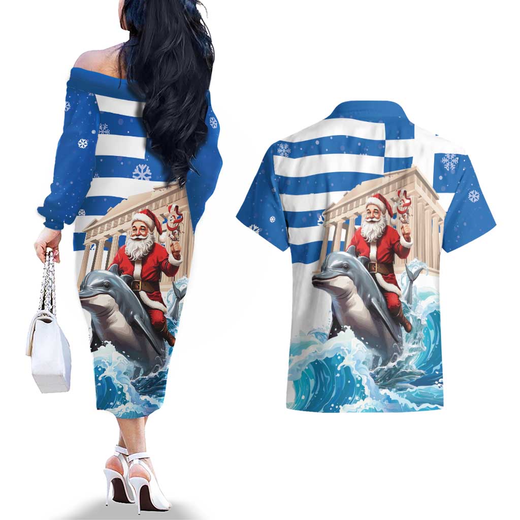 Greece Christmas Couples Matching Off The Shoulder Long Sleeve Dress and Hawaiian Shirt Santa Claus Riding Dolphin - Wonder Print Shop