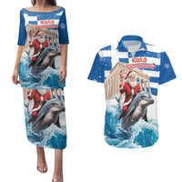 Greece Christmas Couples Matching Puletasi and Hawaiian Shirt Santa Claus Riding Dolphin - Wonder Print Shop