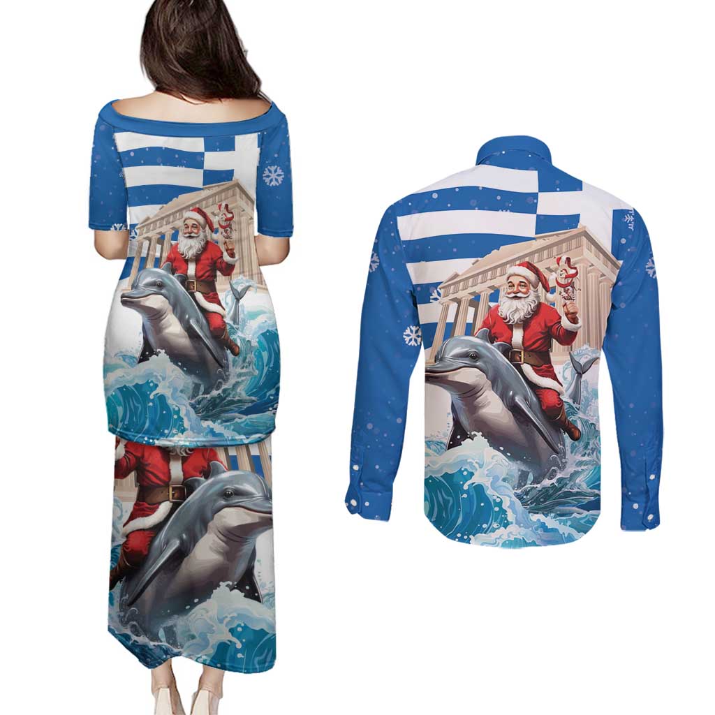 Greece Christmas Couples Matching Puletasi and Long Sleeve Button Shirt Santa Claus Riding Dolphin - Wonder Print Shop