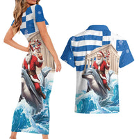 Greece Christmas Couples Matching Short Sleeve Bodycon Dress and Hawaiian Shirt Santa Claus Riding Dolphin - Wonder Print Shop