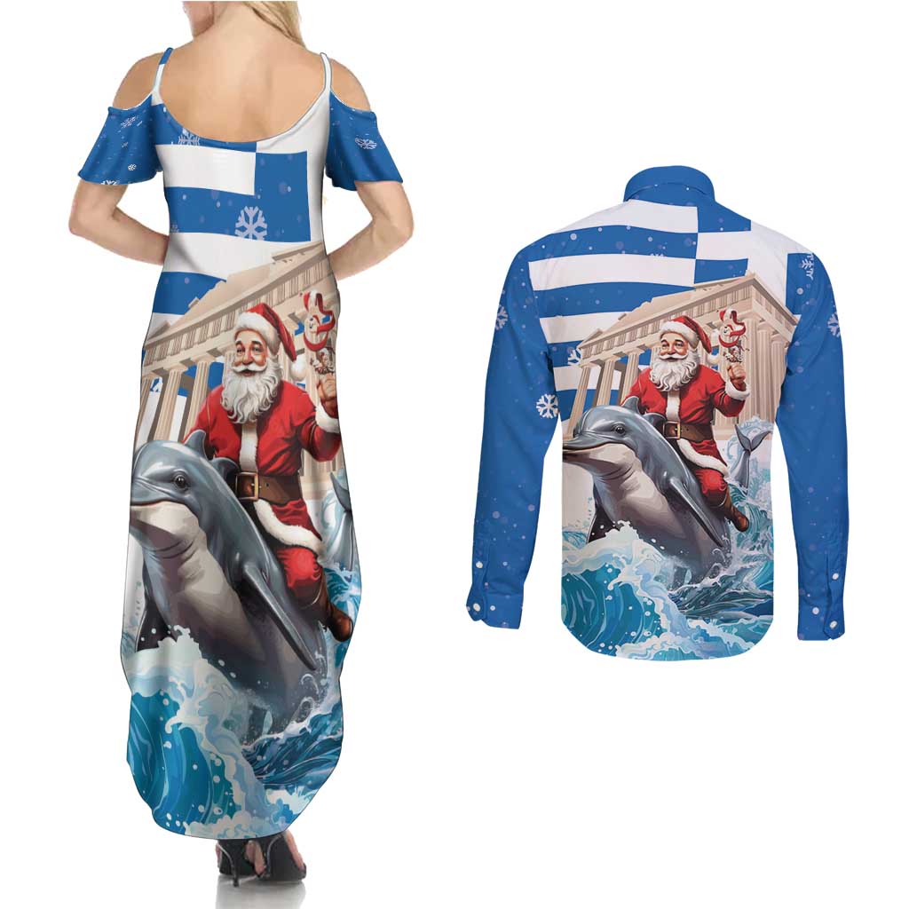 Greece Christmas Couples Matching Summer Maxi Dress and Long Sleeve Button Shirt Santa Claus Riding Dolphin - Wonder Print Shop