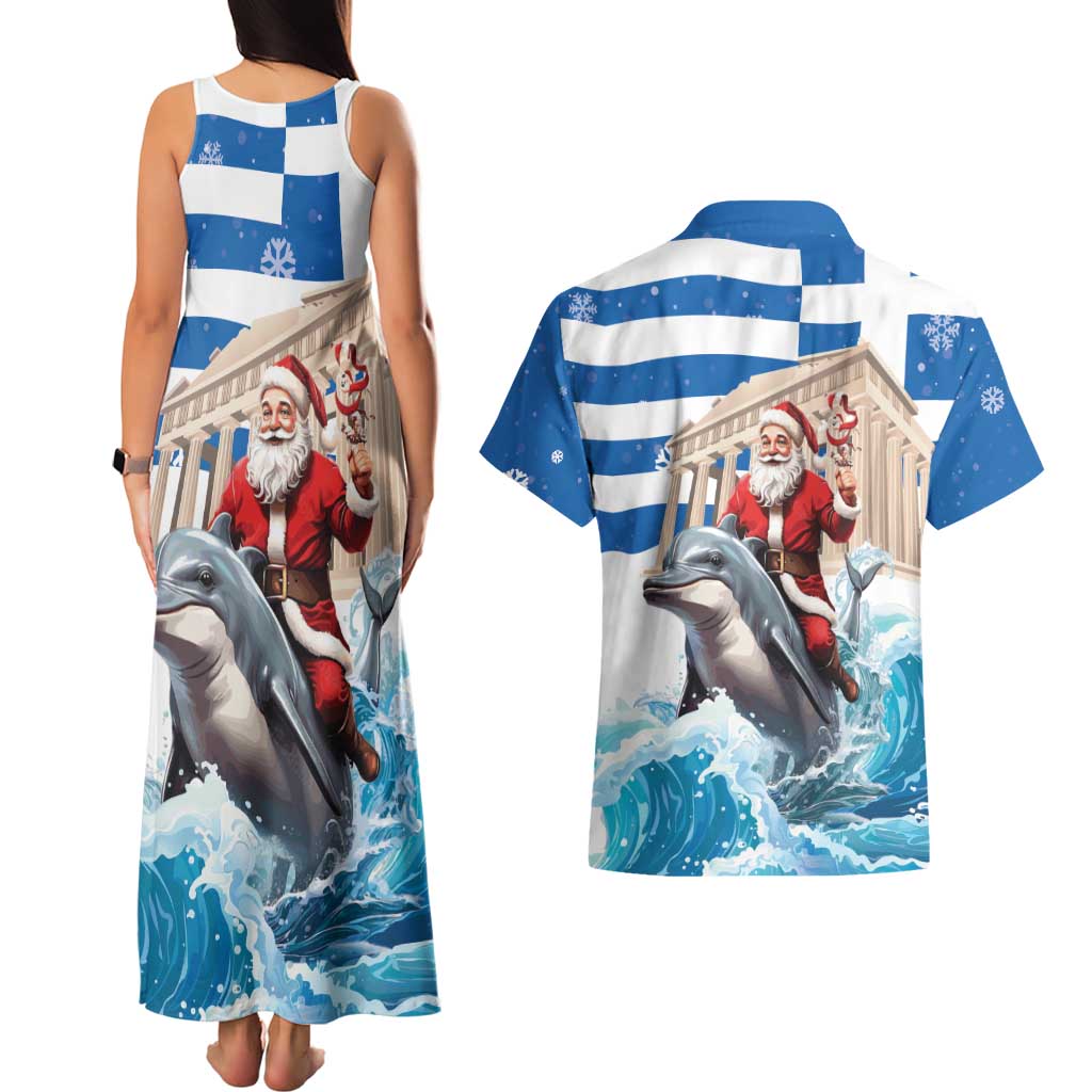 Greece Christmas Couples Matching Tank Maxi Dress and Hawaiian Shirt Santa Claus Riding Dolphin - Wonder Print Shop