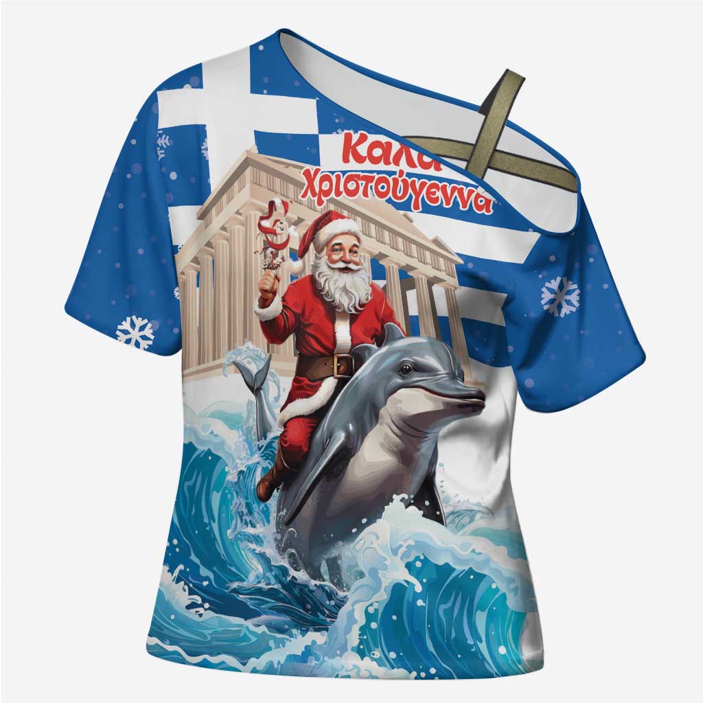 Greece Christmas Cross Shoulder Shirt Santa Claus Riding Dolphin - Wonder Print Shop