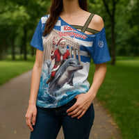 Greece Christmas Cross Shoulder Shirt Santa Claus Riding Dolphin - Wonder Print Shop
