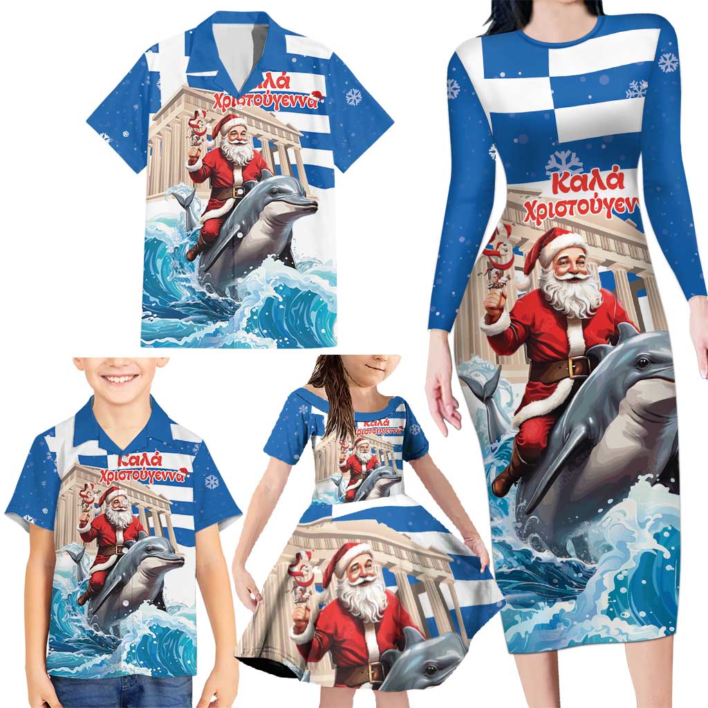 Greece Christmas Family Matching Long Sleeve Bodycon Dress and Hawaiian Shirt Santa Claus Riding Dolphin - Wonder Print Shop