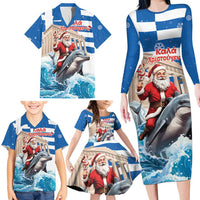 Greece Christmas Family Matching Long Sleeve Bodycon Dress and Hawaiian Shirt Santa Claus Riding Dolphin - Wonder Print Shop