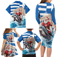 Greece Christmas Family Matching Long Sleeve Bodycon Dress and Hawaiian Shirt Santa Claus Riding Dolphin - Wonder Print Shop