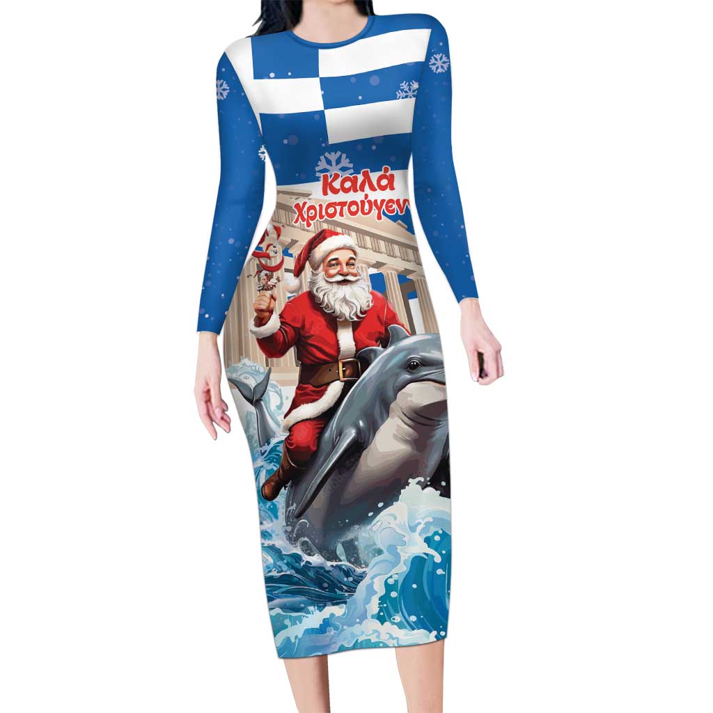 Greece Christmas Family Matching Long Sleeve Bodycon Dress and Hawaiian Shirt Santa Claus Riding Dolphin - Wonder Print Shop