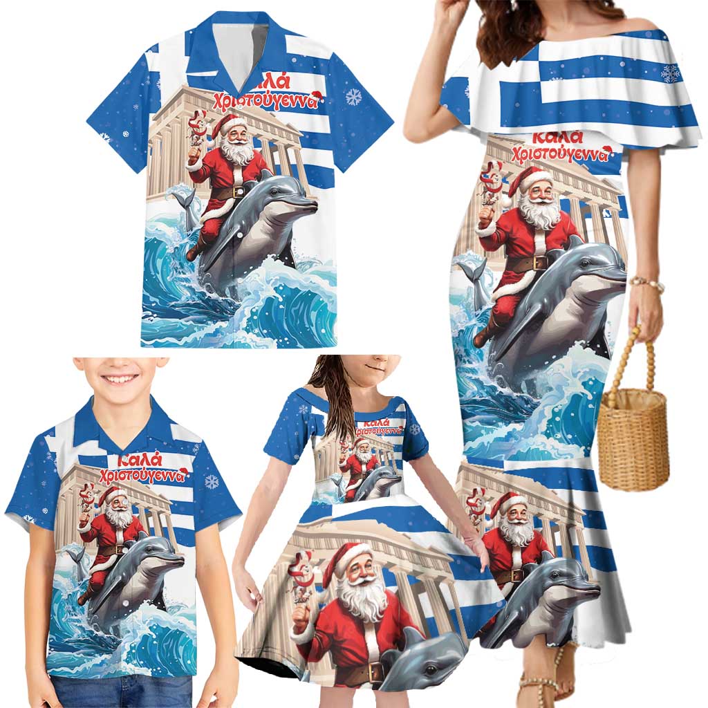 Greece Christmas Family Matching Mermaid Dress and Hawaiian Shirt Santa Claus Riding Dolphin - Wonder Print Shop