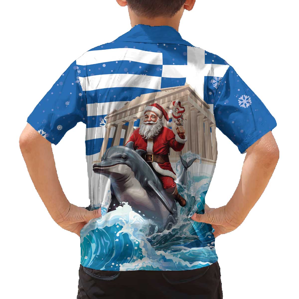 Greece Christmas Family Matching Off The Shoulder Long Sleeve Dress and Hawaiian Shirt Santa Claus Riding Dolphin - Wonder Print Shop