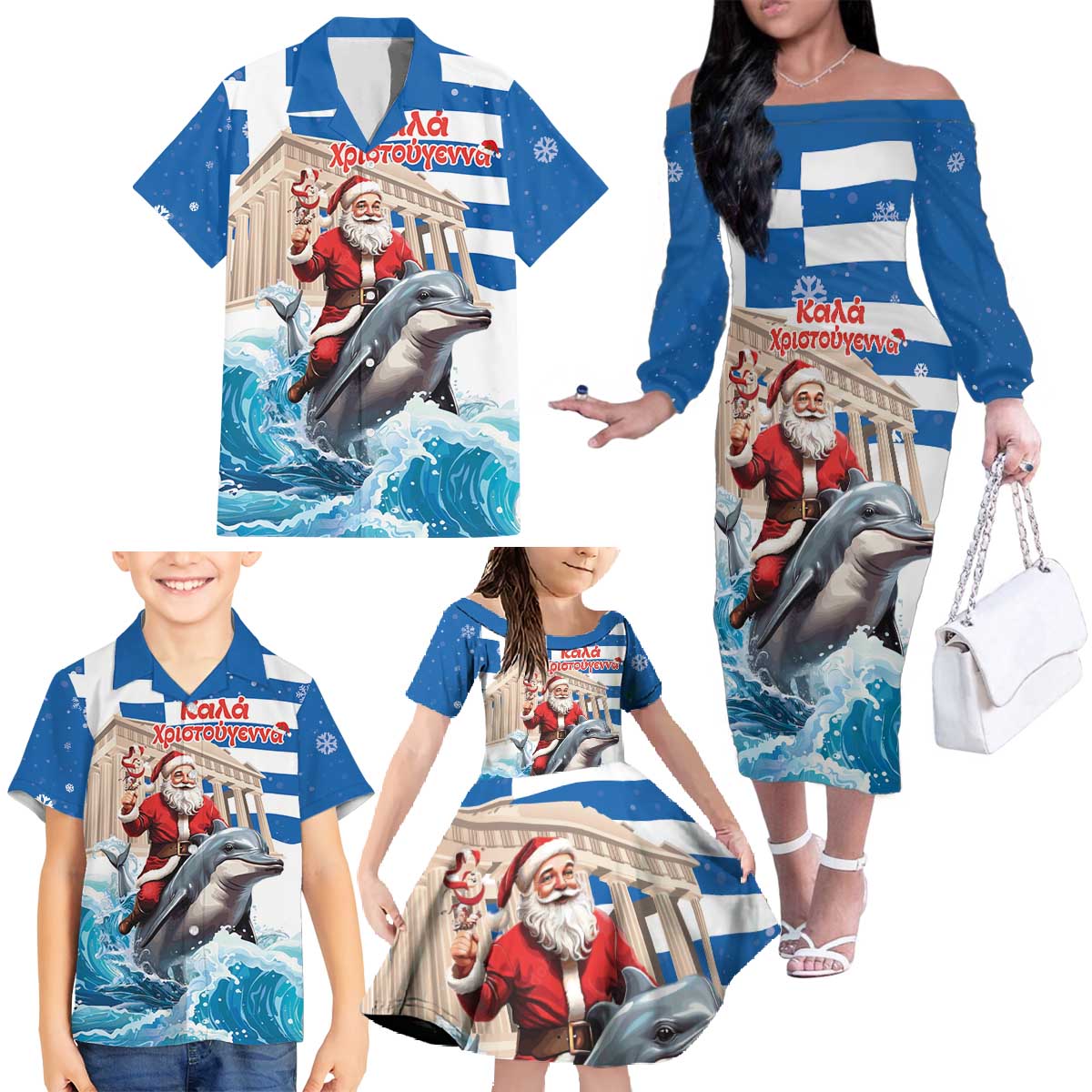 Greece Christmas Family Matching Off The Shoulder Long Sleeve Dress and Hawaiian Shirt Santa Claus Riding Dolphin - Wonder Print Shop