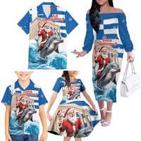 Greece Christmas Family Matching Off The Shoulder Long Sleeve Dress and Hawaiian Shirt Santa Claus Riding Dolphin - Wonder Print Shop