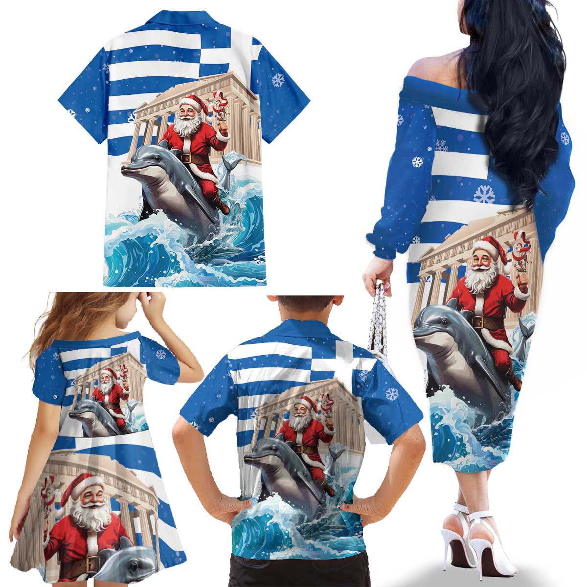 Greece Christmas Family Matching Off The Shoulder Long Sleeve Dress and Hawaiian Shirt Santa Claus Riding Dolphin - Wonder Print Shop