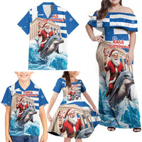 Greece Christmas Family Matching Off Shoulder Maxi Dress and Hawaiian Shirt Santa Claus Riding Dolphin - Wonder Print Shop