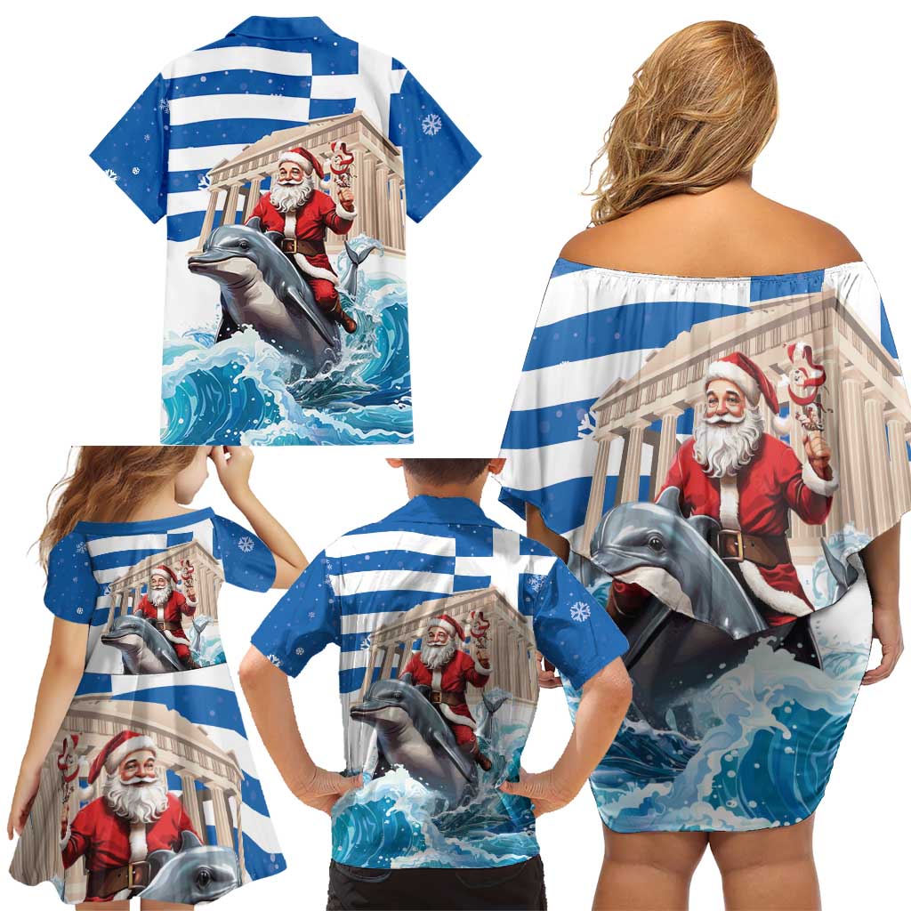 Greece Christmas Family Matching Off Shoulder Short Dress and Hawaiian Shirt Santa Claus Riding Dolphin - Wonder Print Shop