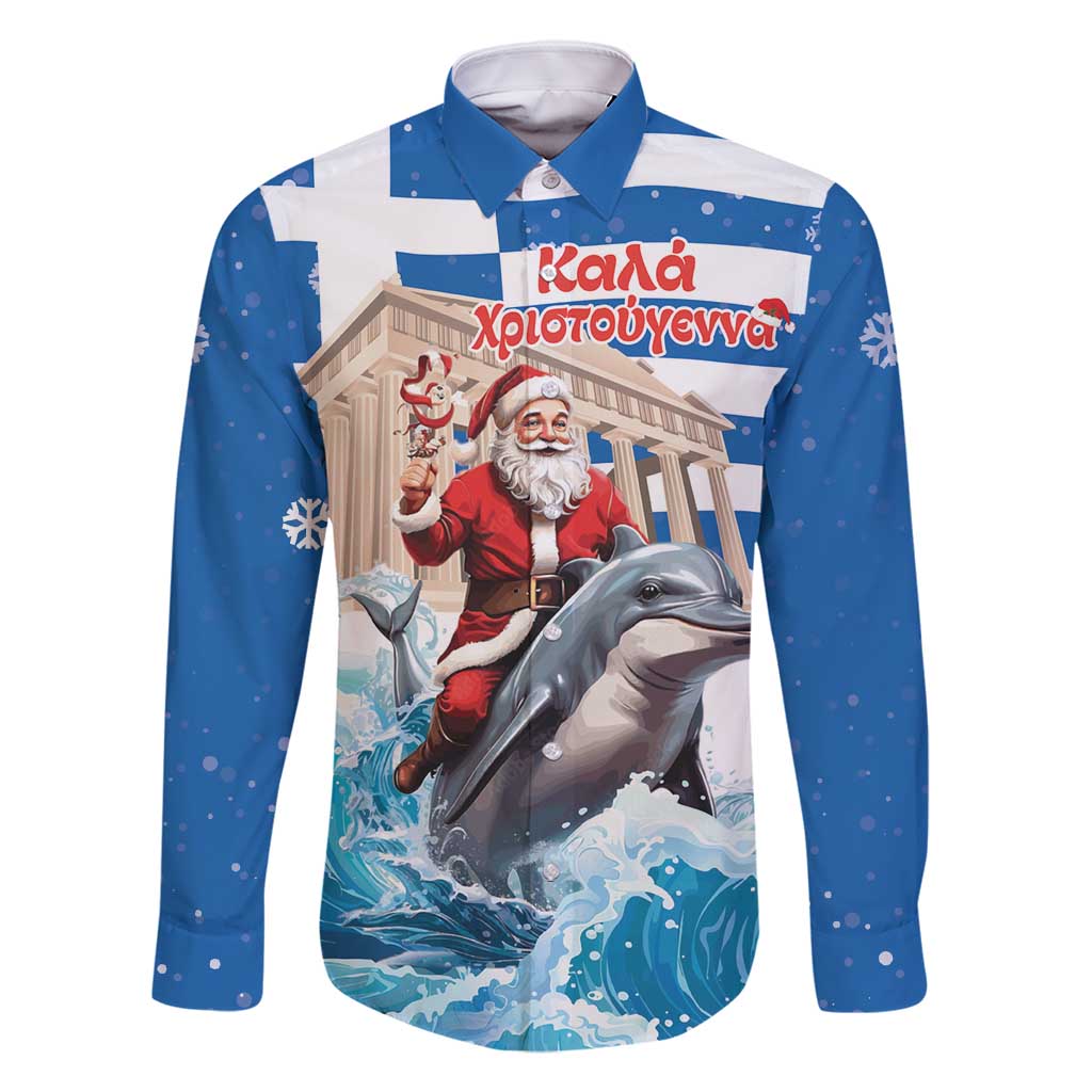 Greece Christmas Family Matching Off Shoulder Short Dress and Hawaiian Shirt Santa Claus Riding Dolphin - Wonder Print Shop