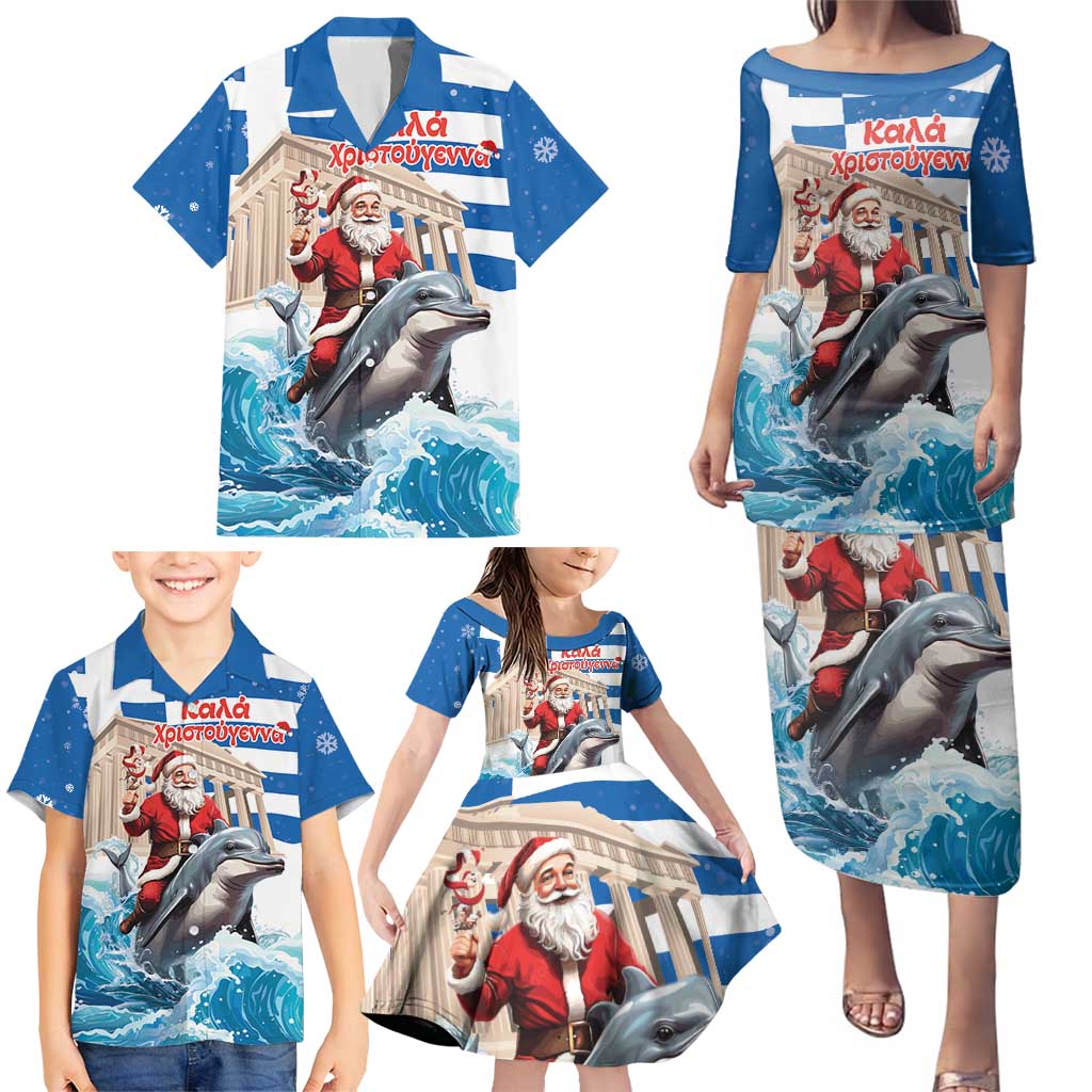 Greece Christmas Family Matching Puletasi and Hawaiian Shirt Santa Claus Riding Dolphin - Wonder Print Shop