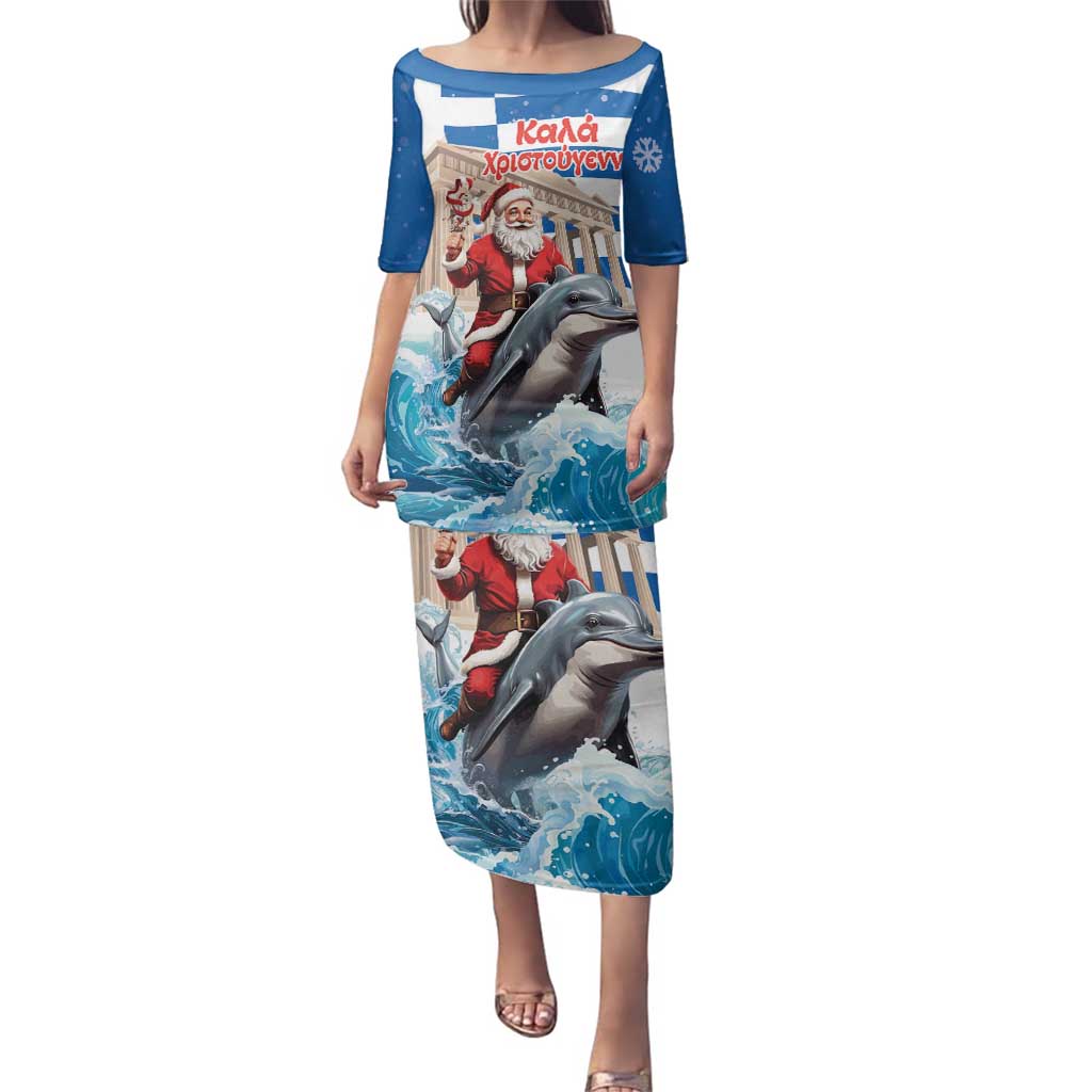 Greece Christmas Family Matching Puletasi and Hawaiian Shirt Santa Claus Riding Dolphin - Wonder Print Shop