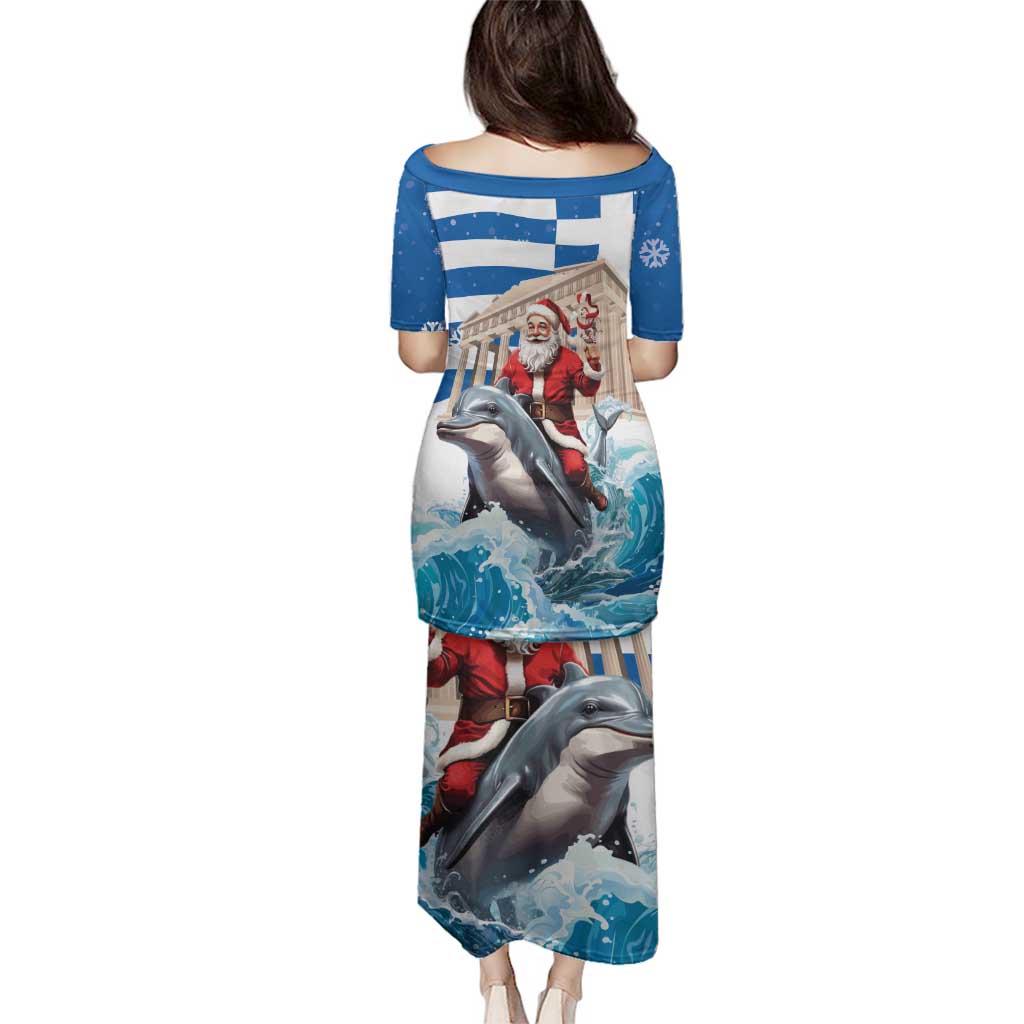 Greece Christmas Family Matching Puletasi and Hawaiian Shirt Santa Claus Riding Dolphin - Wonder Print Shop