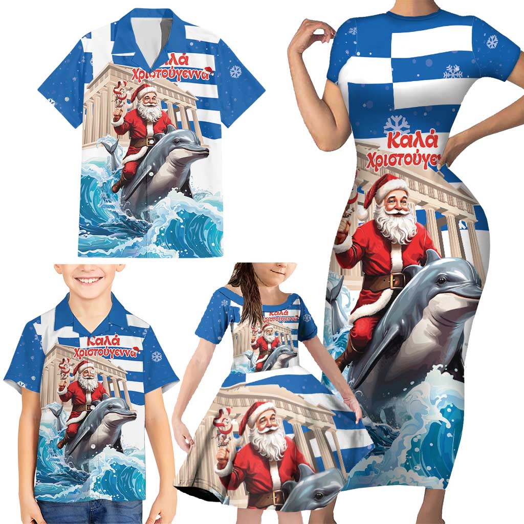 Greece Christmas Family Matching Short Sleeve Bodycon Dress and Hawaiian Shirt Santa Claus Riding Dolphin - Wonder Print Shop