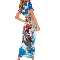 Greece Christmas Family Matching Short Sleeve Bodycon Dress and Hawaiian Shirt Santa Claus Riding Dolphin - Wonder Print Shop
