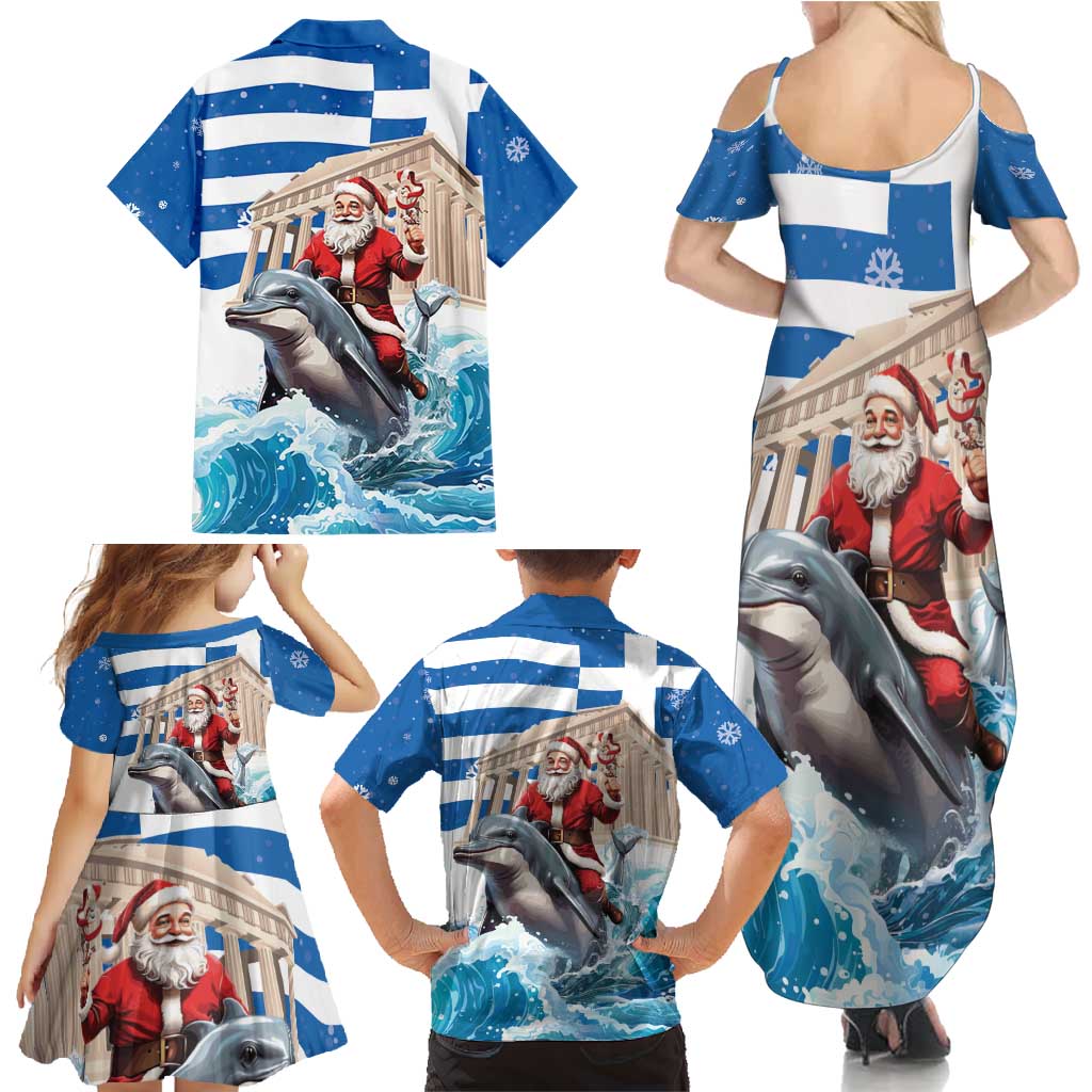 Greece Christmas Family Matching Summer Maxi Dress and Hawaiian Shirt Santa Claus Riding Dolphin - Wonder Print Shop