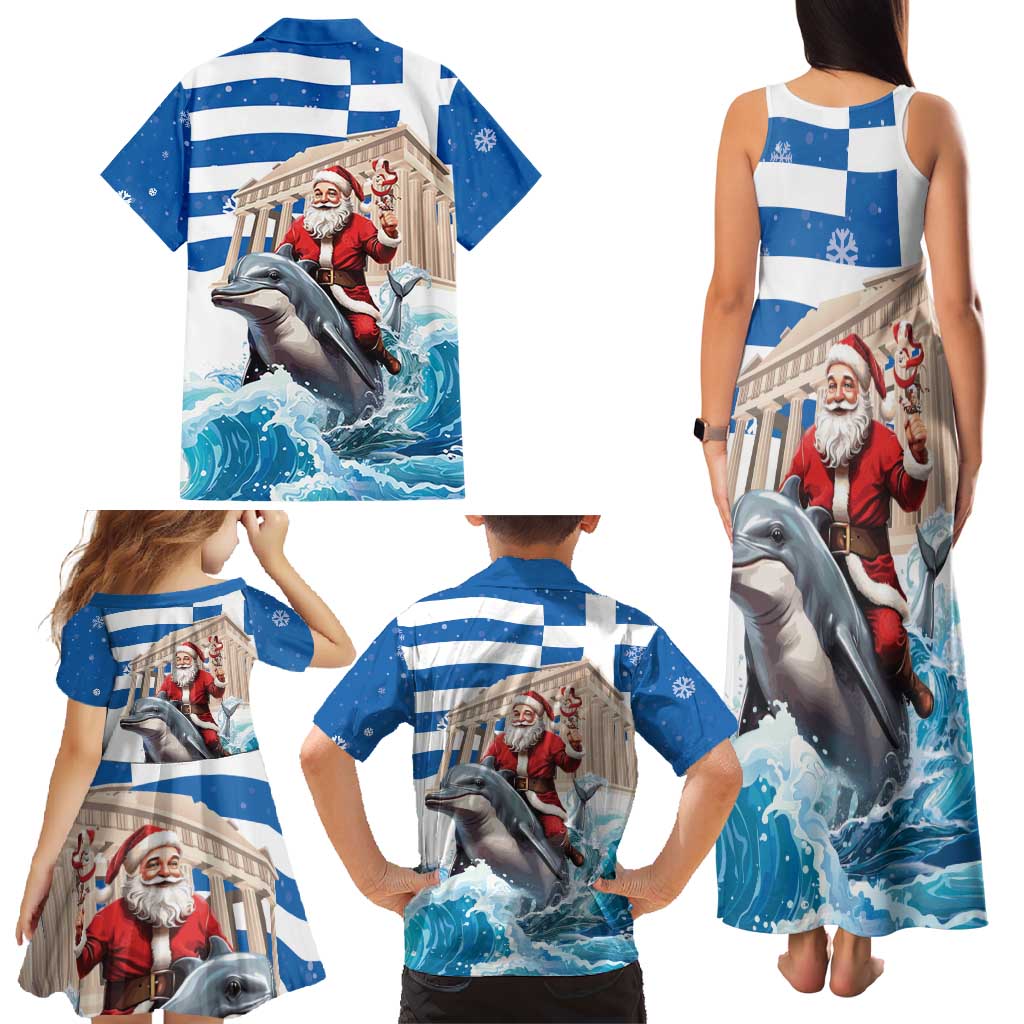 Greece Christmas Family Matching Tank Maxi Dress and Hawaiian Shirt Santa Claus Riding Dolphin - Wonder Print Shop