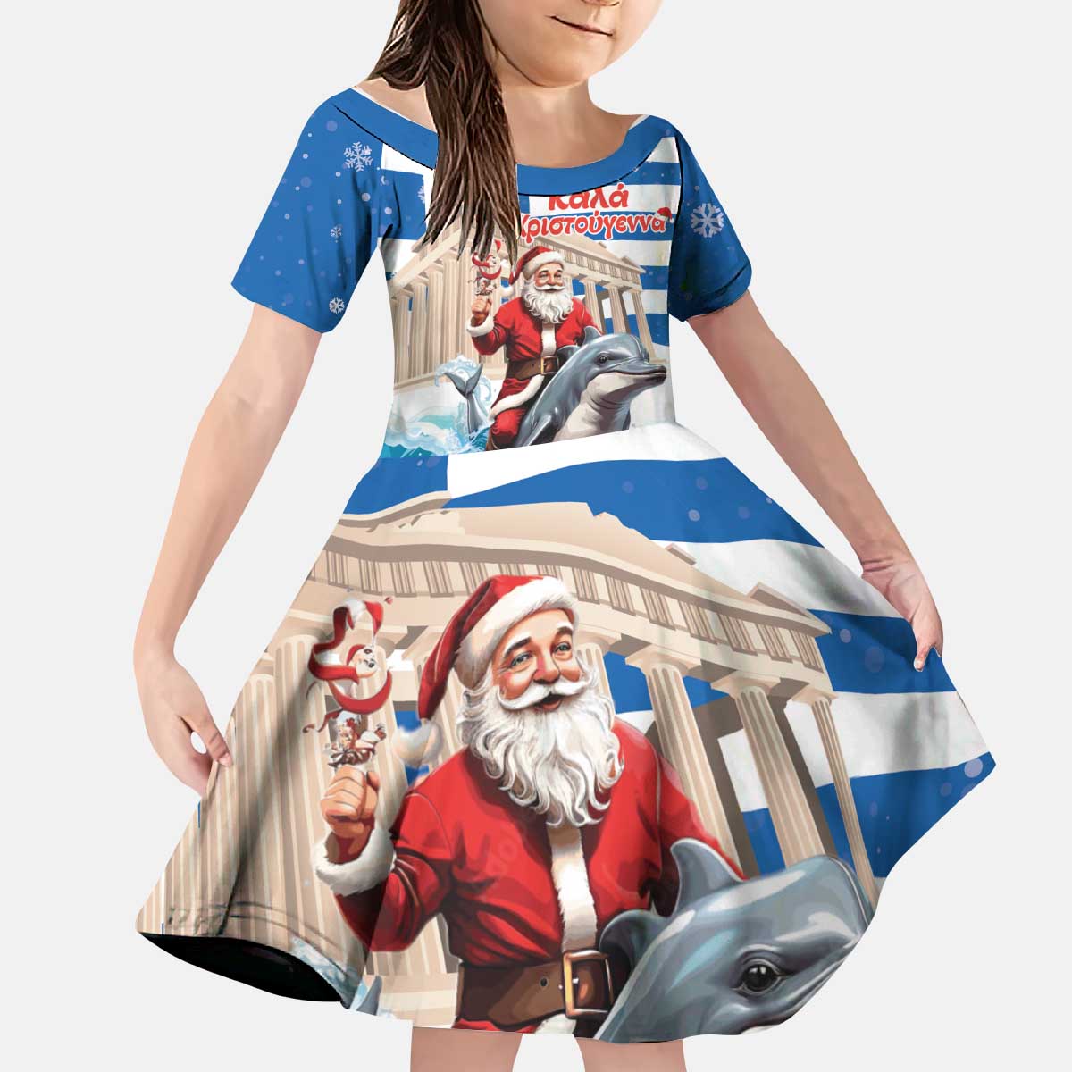 Greece Christmas Kid Short Sleeve Dress Santa Claus Riding Dolphin - Wonder Print Shop
