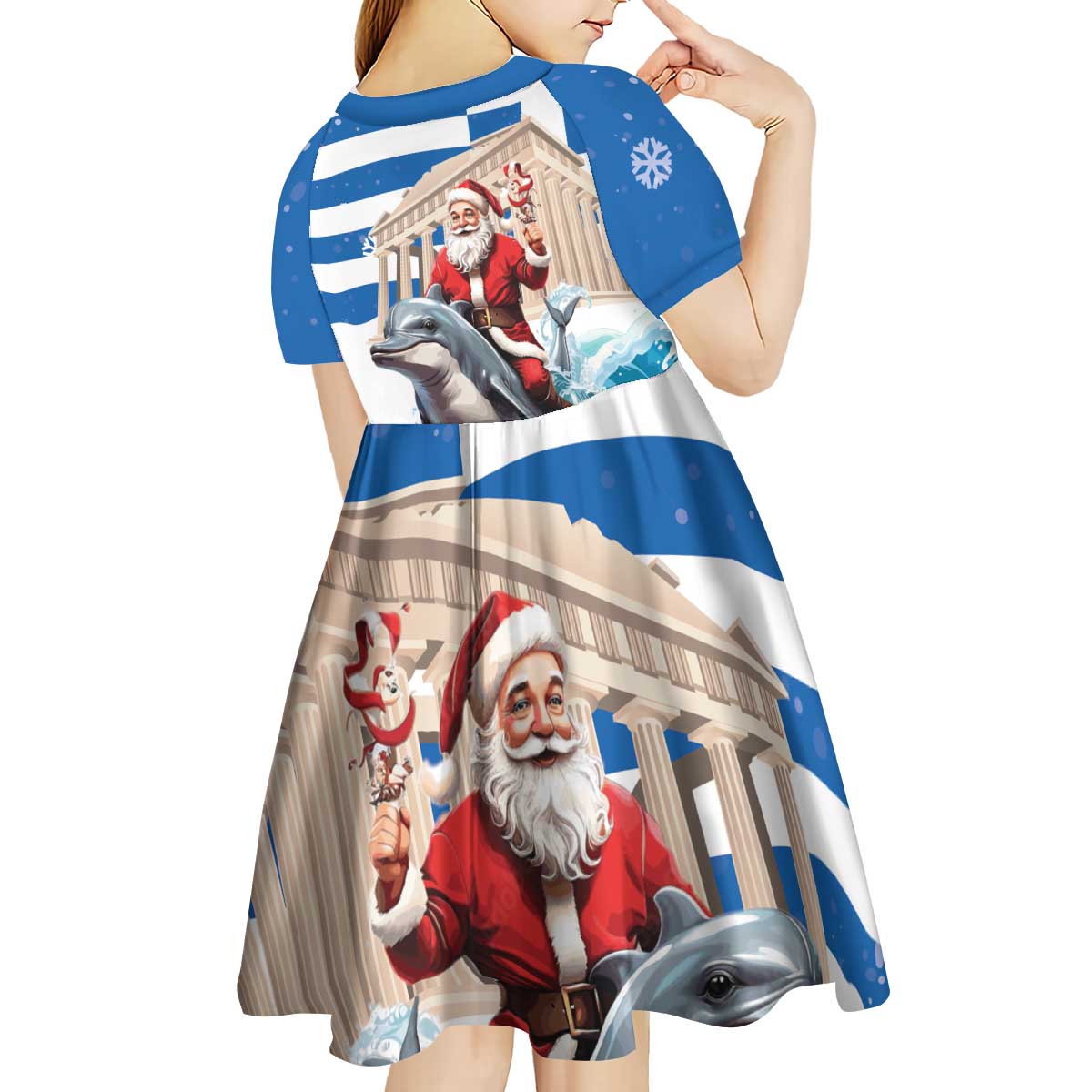 Greece Christmas Kid Short Sleeve Dress Santa Claus Riding Dolphin - Wonder Print Shop