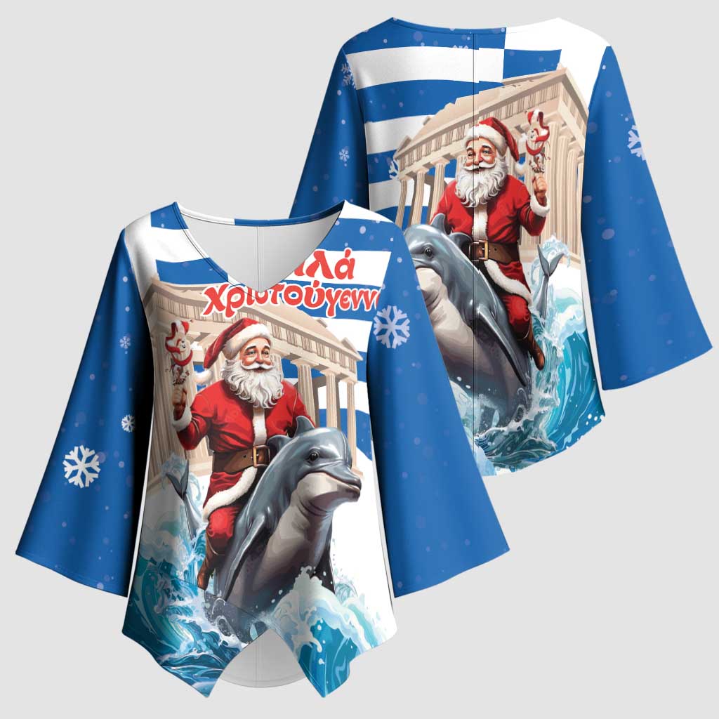 Greece Christmas Kimono Sleeve Blouse Santa Claus Riding Dolphin - Wonder Print Shop