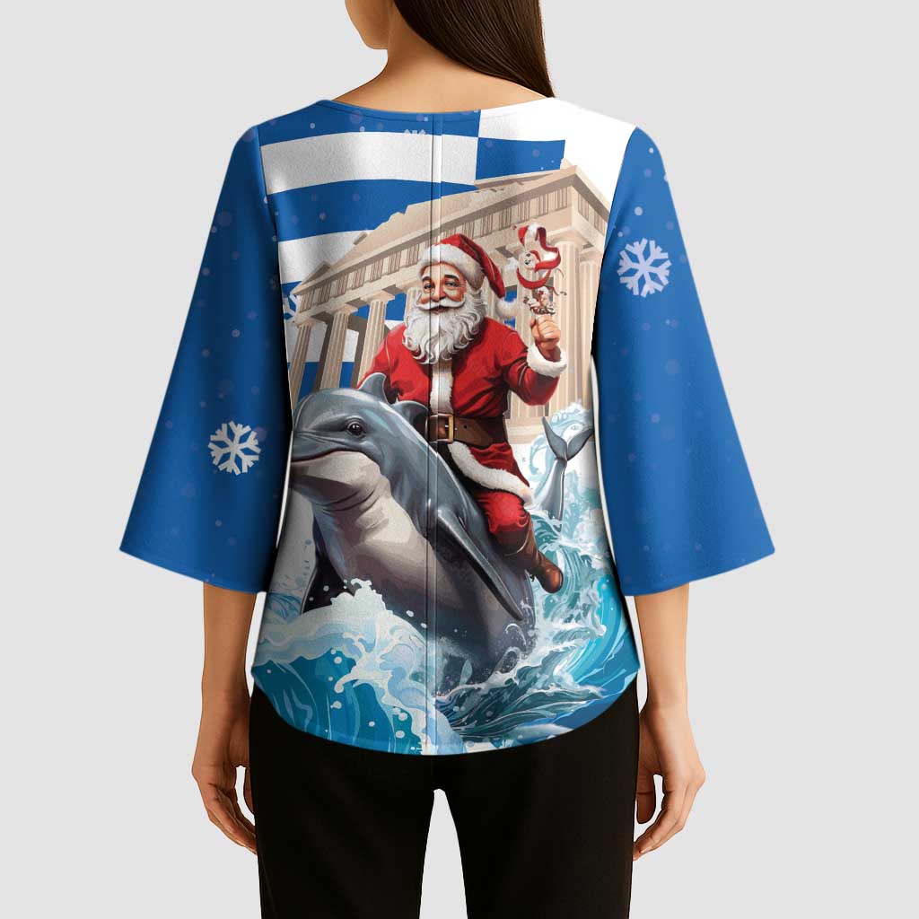 Greece Christmas Kimono Sleeve Blouse Santa Claus Riding Dolphin - Wonder Print Shop