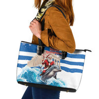 Greece Christmas Leather Tote Bag Santa Claus Riding Dolphin - Wonder Print Shop
