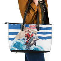 Greece Christmas Leather Tote Bag Santa Claus Riding Dolphin - Wonder Print Shop