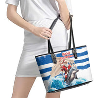 Greece Christmas Leather Tote Bag Santa Claus Riding Dolphin - Wonder Print Shop