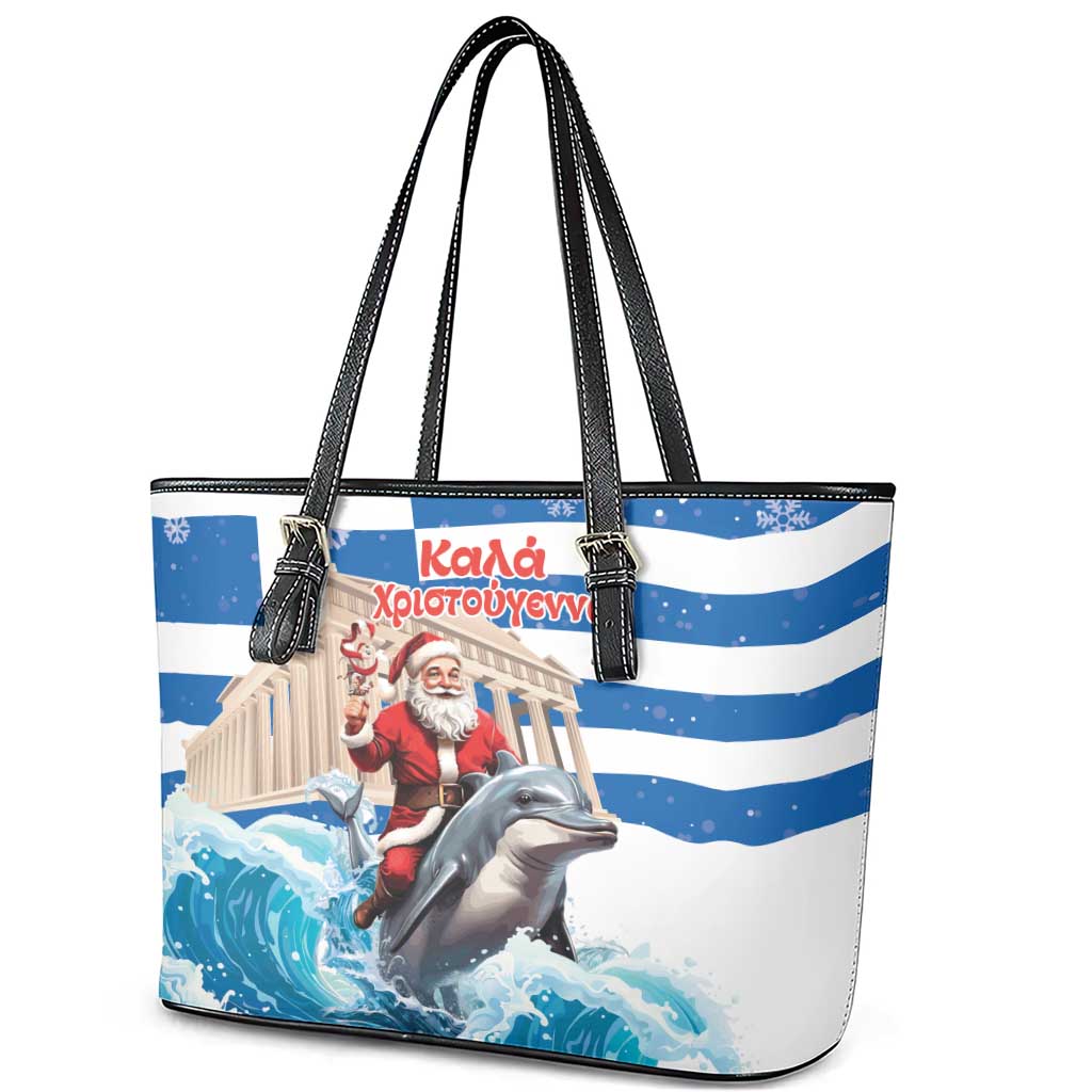 Greece Christmas Leather Tote Bag Santa Claus Riding Dolphin - Wonder Print Shop
