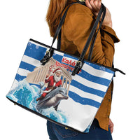 Greece Christmas Leather Tote Bag Santa Claus Riding Dolphin - Wonder Print Shop