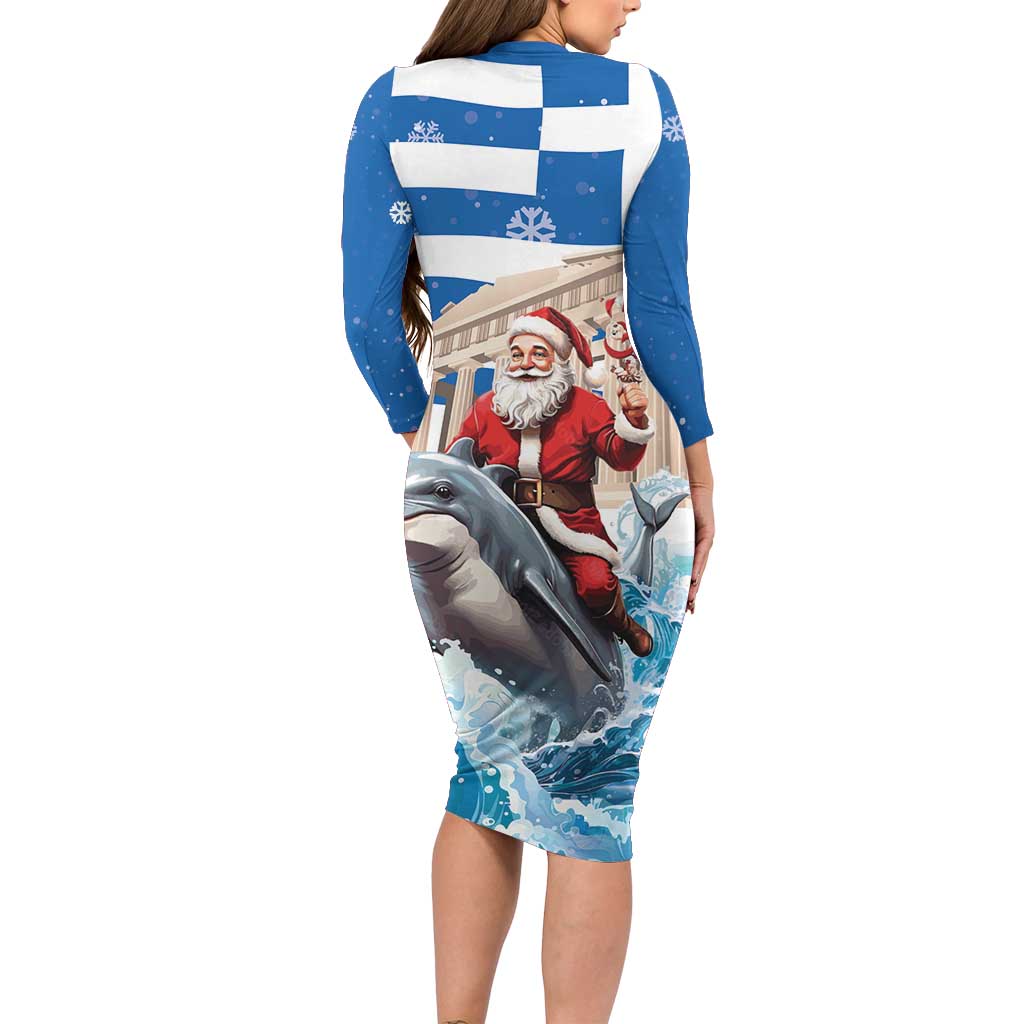 Greece Christmas Long Sleeve Bodycon Dress Santa Claus Riding Dolphin - Wonder Print Shop