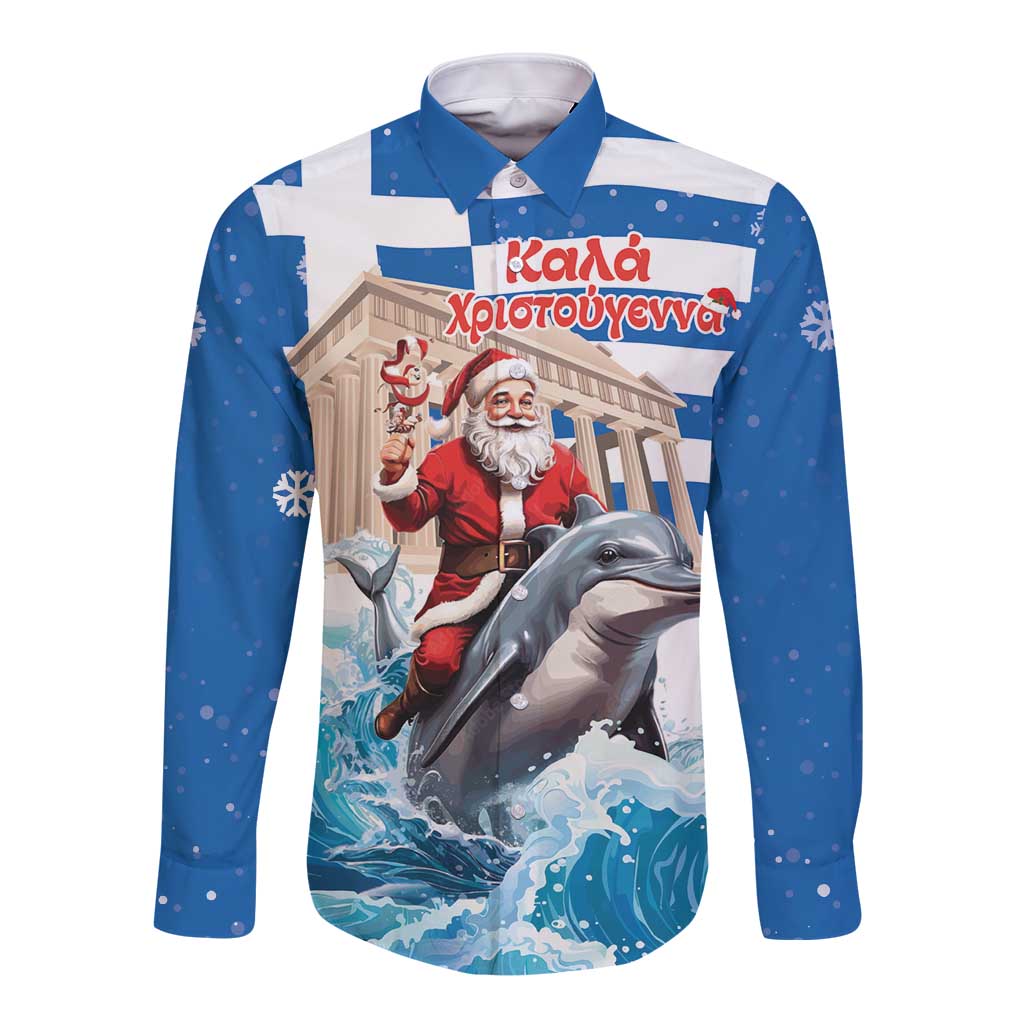 Greece Christmas Long Sleeve Button Shirt Santa Claus Riding Dolphin - Wonder Print Shop