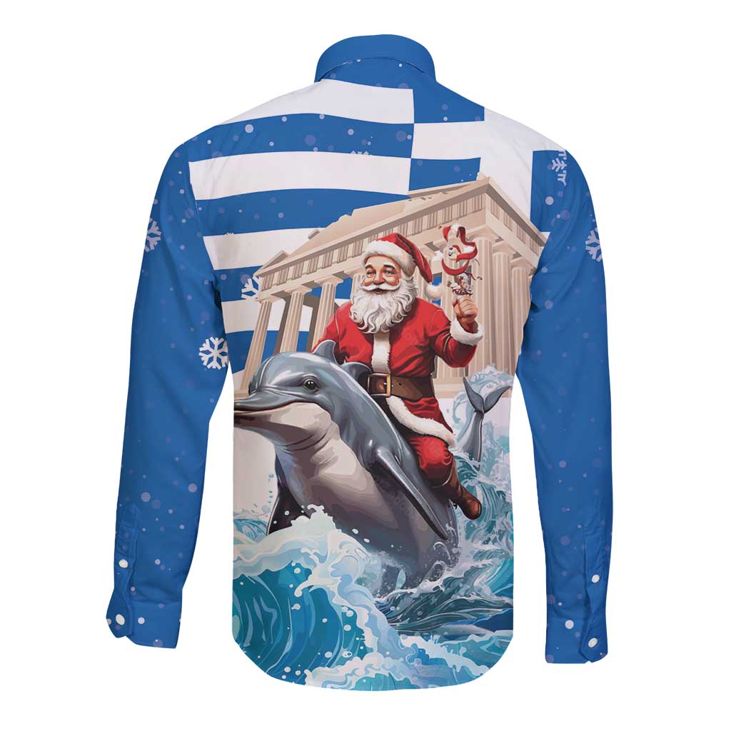 Greece Christmas Long Sleeve Button Shirt Santa Claus Riding Dolphin - Wonder Print Shop