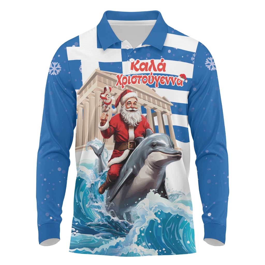 Greece Christmas Long Sleeve Polo Shirt Santa Claus Riding Dolphin - Wonder Print Shop