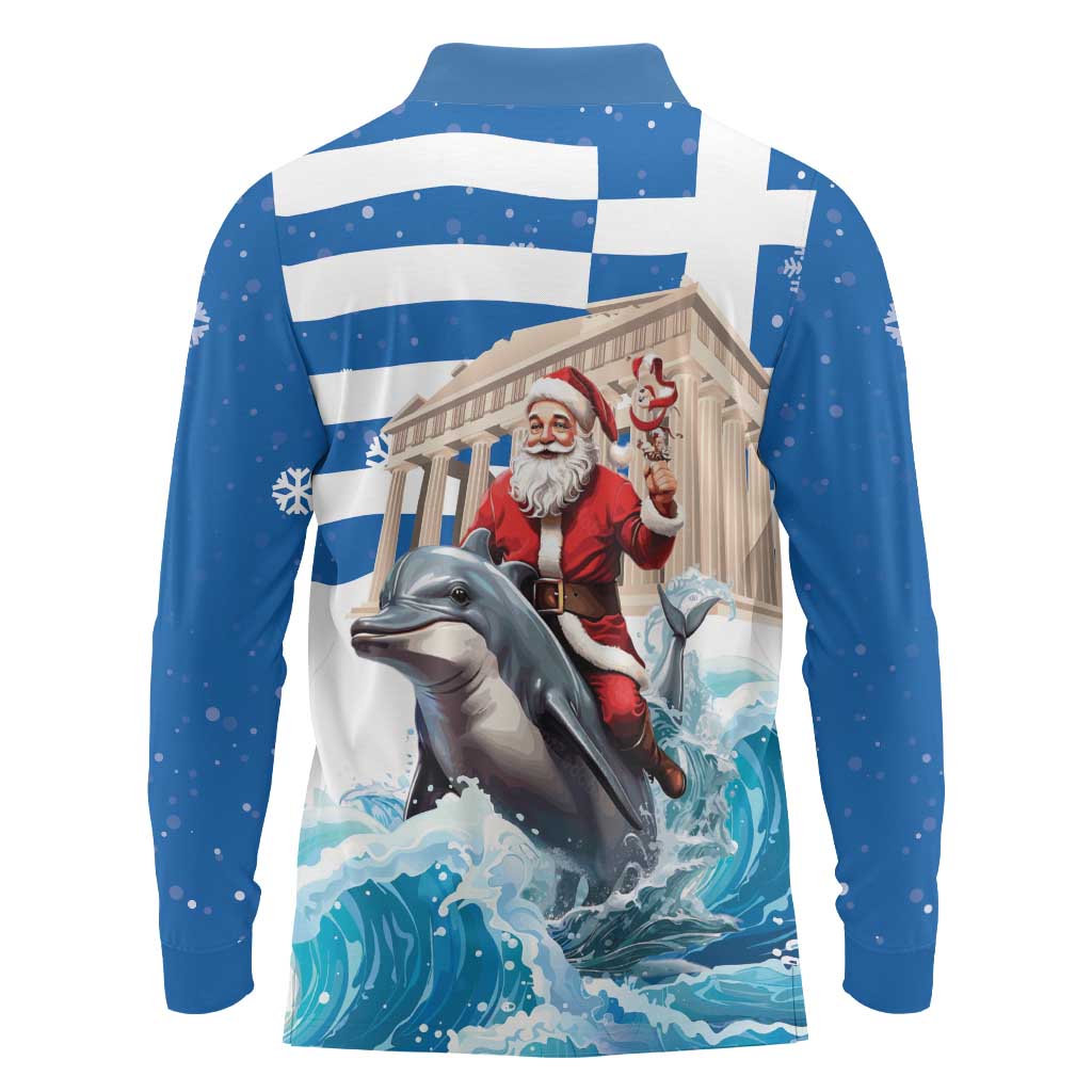 Greece Christmas Long Sleeve Polo Shirt Santa Claus Riding Dolphin - Wonder Print Shop