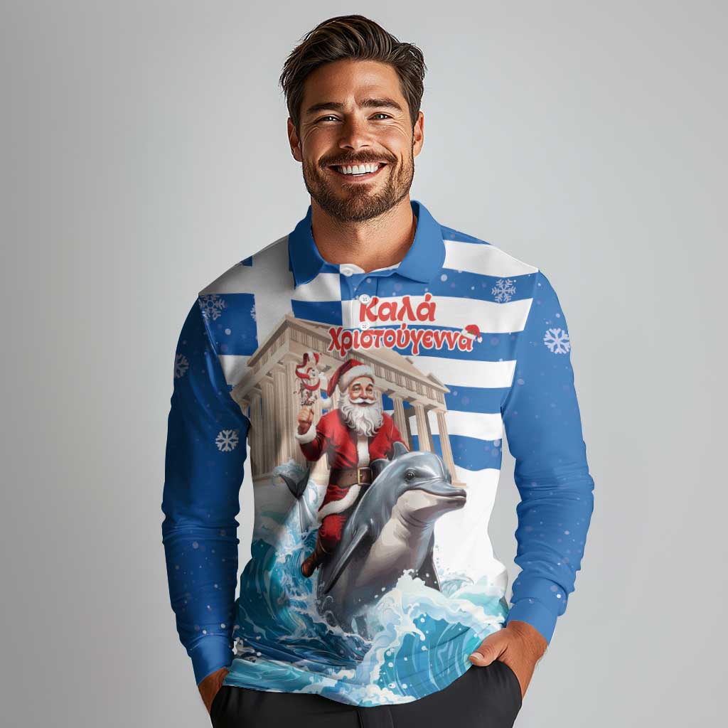 Greece Christmas Long Sleeve Polo Shirt Santa Claus Riding Dolphin - Wonder Print Shop