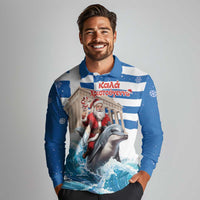 Greece Christmas Long Sleeve Polo Shirt Santa Claus Riding Dolphin - Wonder Print Shop