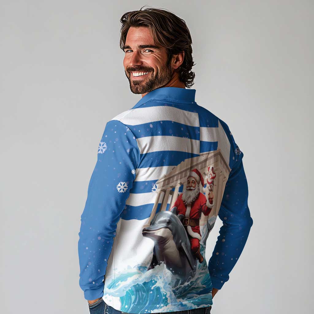 Greece Christmas Long Sleeve Polo Shirt Santa Claus Riding Dolphin - Wonder Print Shop