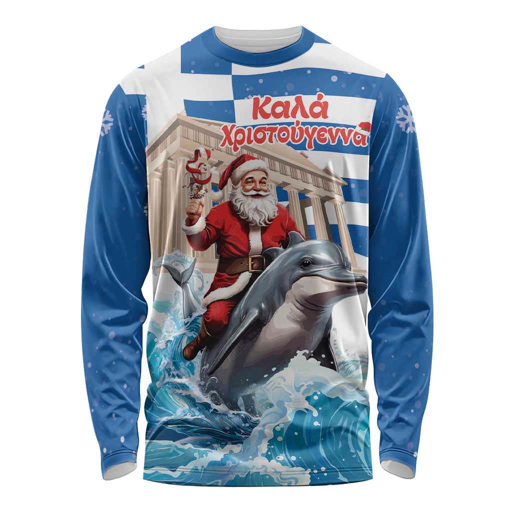 Greece Christmas Long Sleeve Shirt Santa Claus Riding Dolphin - Wonder Print Shop