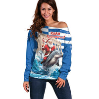 Greece Christmas Off Shoulder Sweater Santa Claus Riding Dolphin - Wonder Print Shop