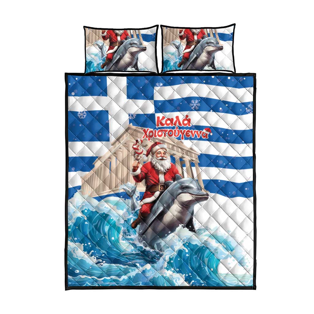 Greece Christmas Quilt Bed Set Santa Claus Riding Dolphin - Wonder Print Shop