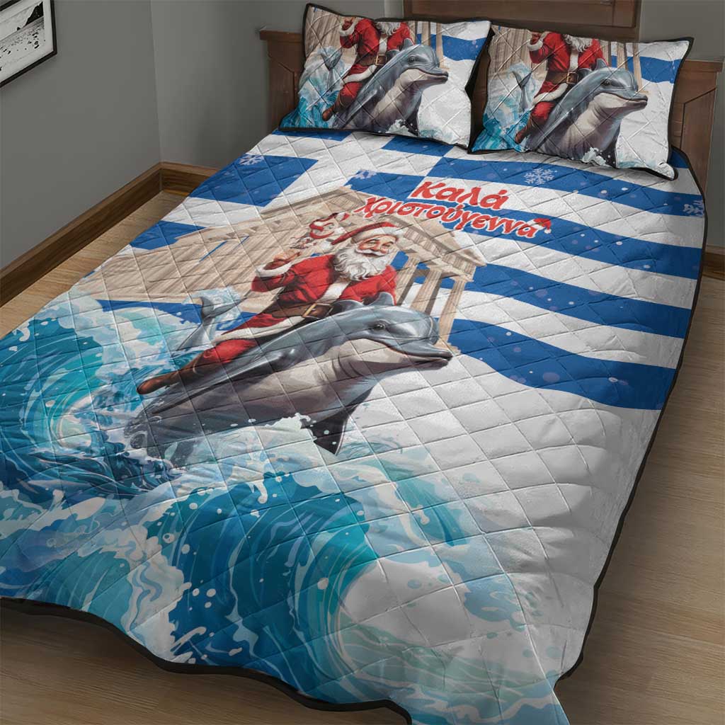 Greece Christmas Quilt Bed Set Santa Claus Riding Dolphin - Wonder Print Shop